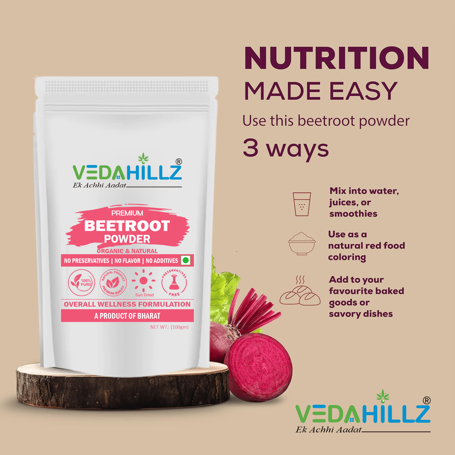 Vedahillz Herbal Beetroot Powder Made from Carefully Selected Beetroot
